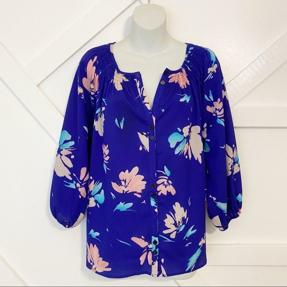 Yumi Kim Floral Printed Smocked Button Down Blouse - Picture 1 of 8